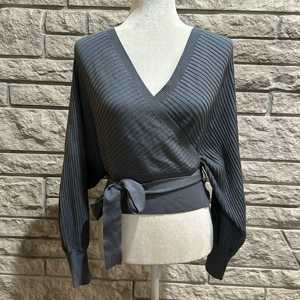Dusty blue faux wrap sweater